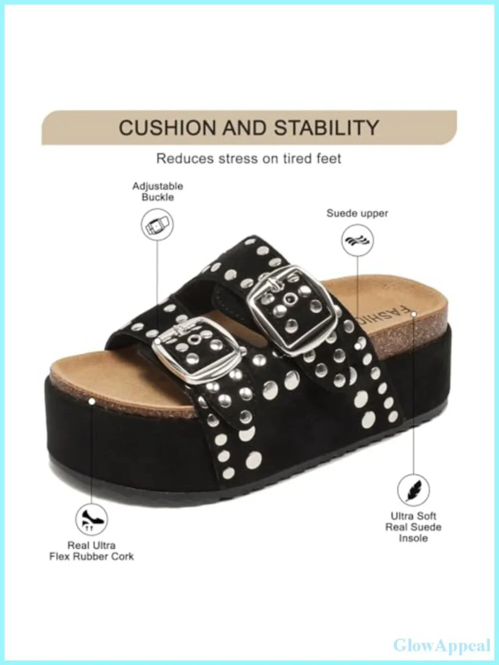 Platform Sandals Suede Cork Footbed Studded Slides Double Buckle
